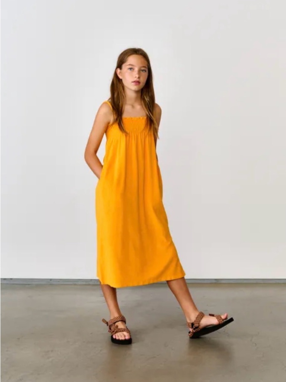 Bellerose Girl’s Orange Smocked Strap Sundress cotton/modal size 10 EUC